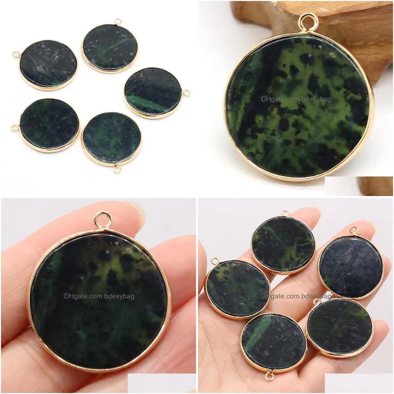 charms round pendants natural green eye stone gilt edge for jewelry making diy necklace earrings accessories 30x35mm