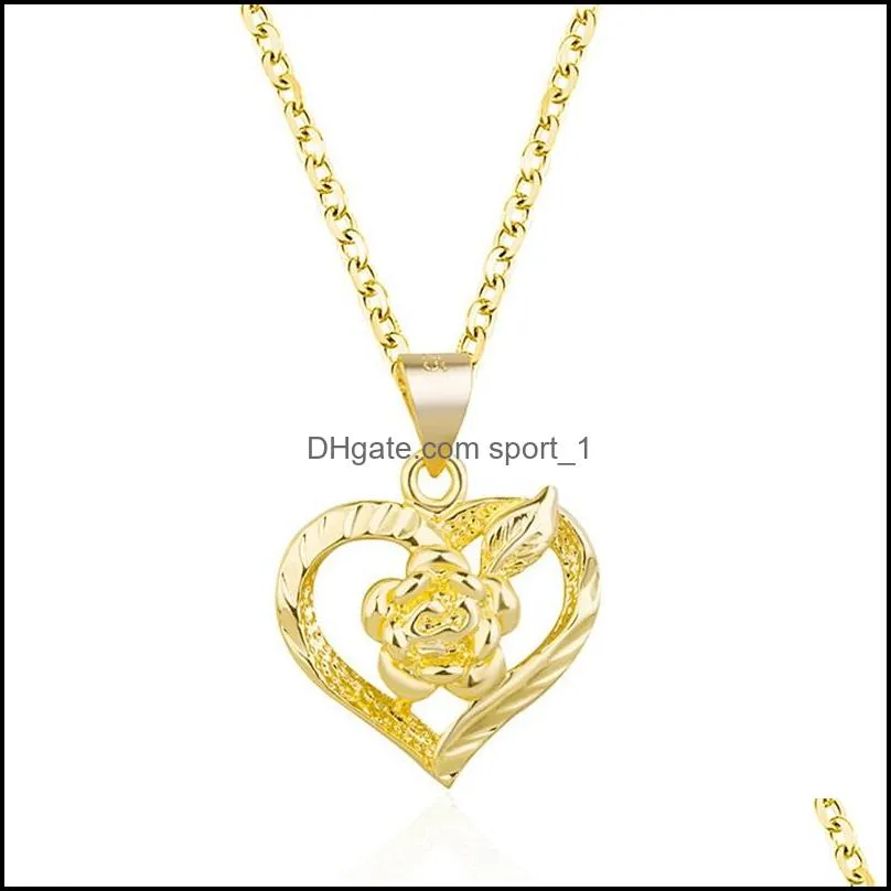 fashion 24 k fine gold gf dubai romantic heart love rose pendant necklace earrings sets wedding png jewelry sets for women 510 q2