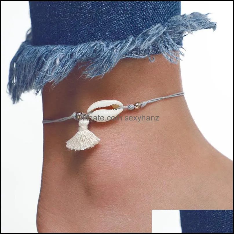 bohemian summer style shell tassel pendant anklet bracelet for women wax string anklet beach jewelry gift