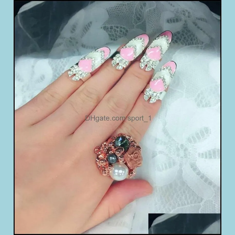 bowknot nail ring charm crown flower crystal finger nail rings for women lady rhinestone fingernail protective fashion jewelry 2191 t2