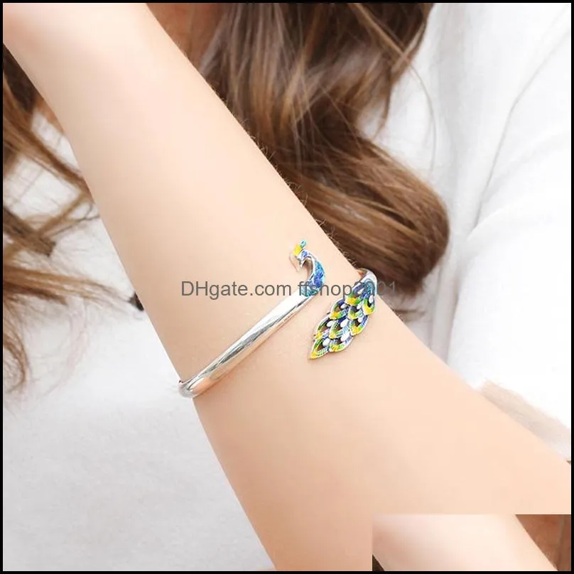 peacock bangle bracelet luxury jewelry for women fashion creative ethnic style bluegreen open bracelet female gift silver cuff