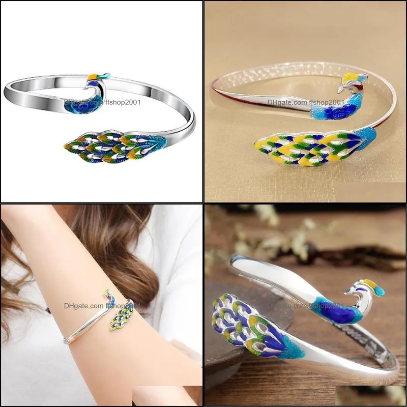 peacock bangle bracelet luxury jewelry for women fashion creative ethnic style bluegreen open bracelet female gift silver cuff