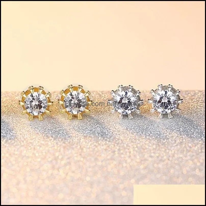 women korean crown stud earrings luxury silver gold clear purple blue cubic zirconia cz diamond ear rings for girl fashion jewelry bulk