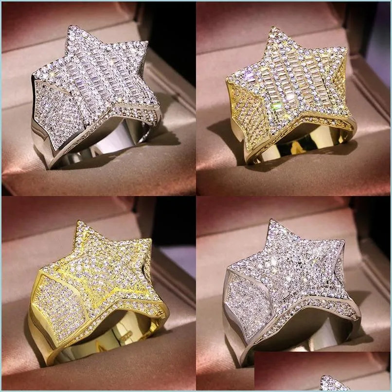 mens gold ring stones fivepointed star fashion hip hop silver rings jewelry