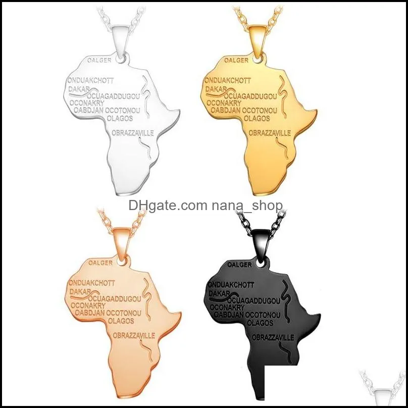 fashion hip hop stainless steel africa map pendant necklace for women men rose 4 color long chain necklace jewelry wholesale