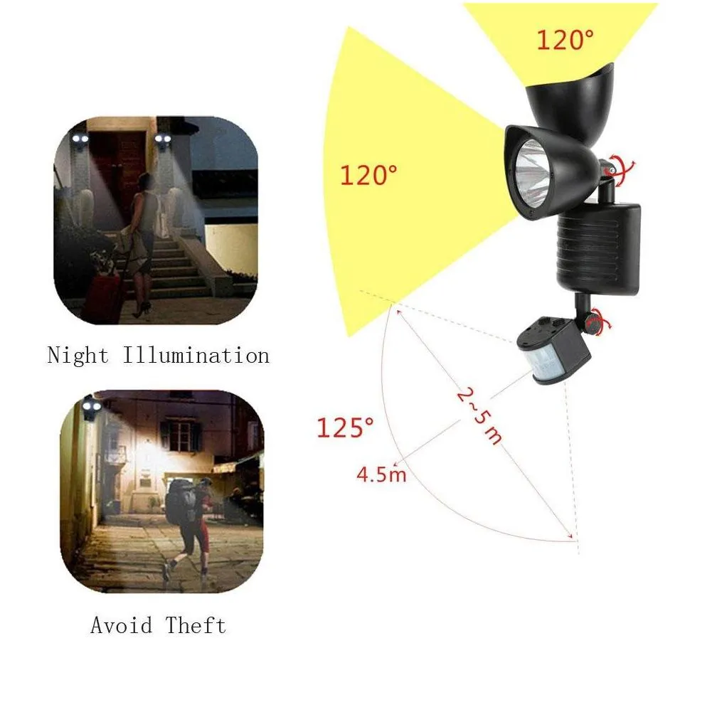 solar outdoor light 22 led wall mounted motion sensor light double head adjustable induction detection path wall emergency safety light