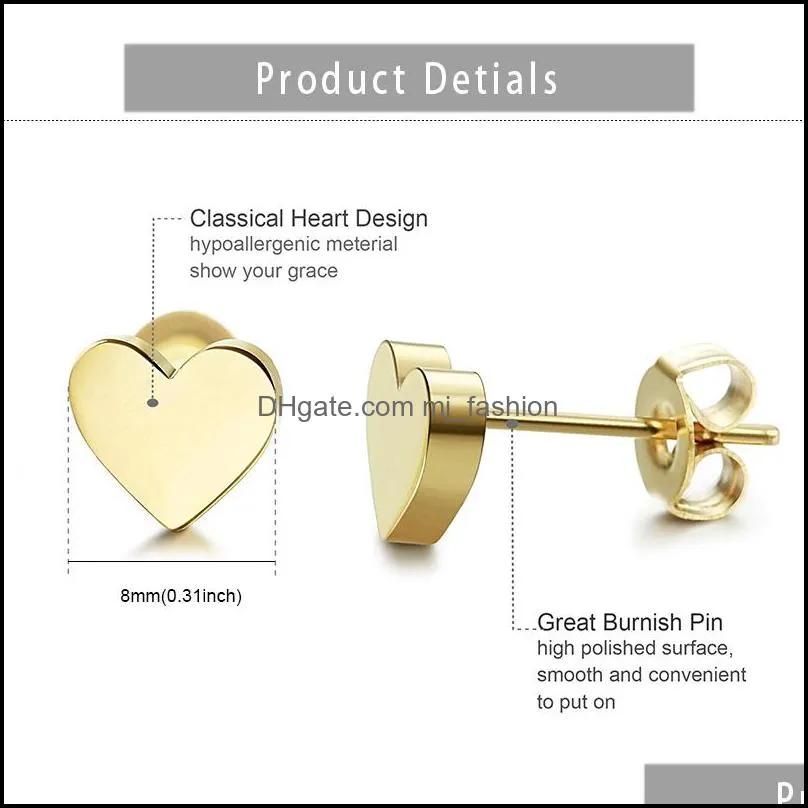  personalized lovely stainless steel geometric earring heart triangle round star stud earrings for women gold plated cute tiny