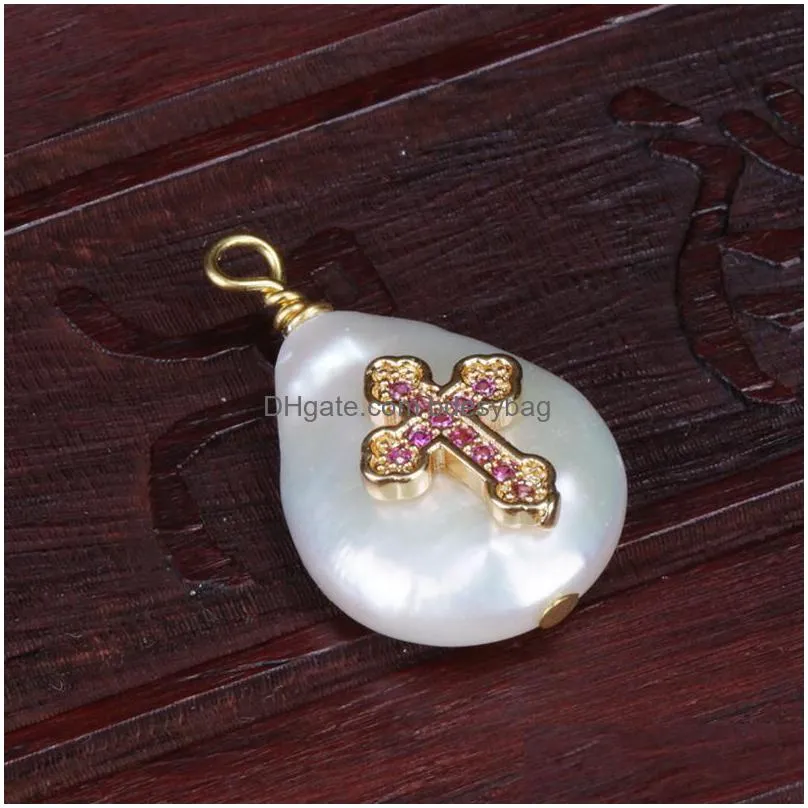charms white blue fuchsia mint cz tiny religious cross freshwater pearl pendant bead charm for choker earring jewelry makingcharms