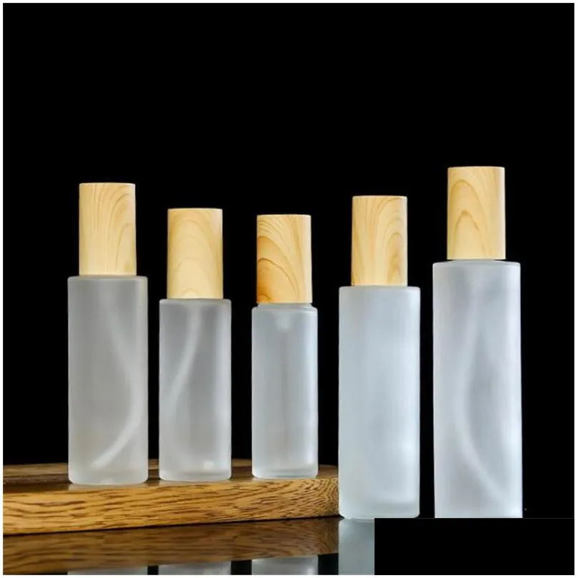 frosted glass bottle cream jar with imitated wood lid lotion spray pump bottles refillable cosmetic container jars 20ml 30ml 60ml 80ml