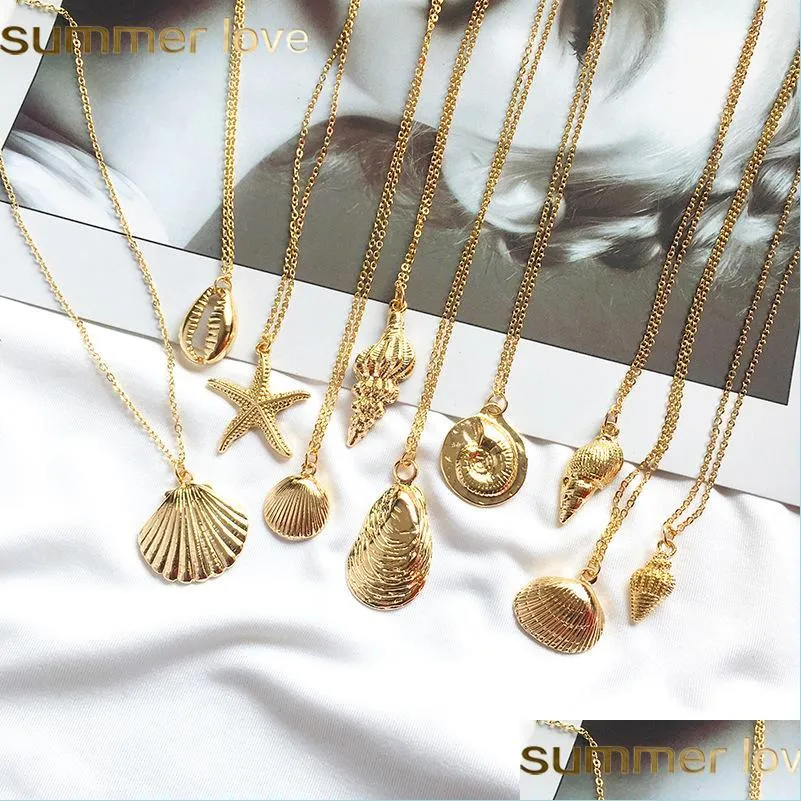 fashion gold alloy cowrie shell necklace for women conch starfish chain pendant necklace summer beach jewelry gift