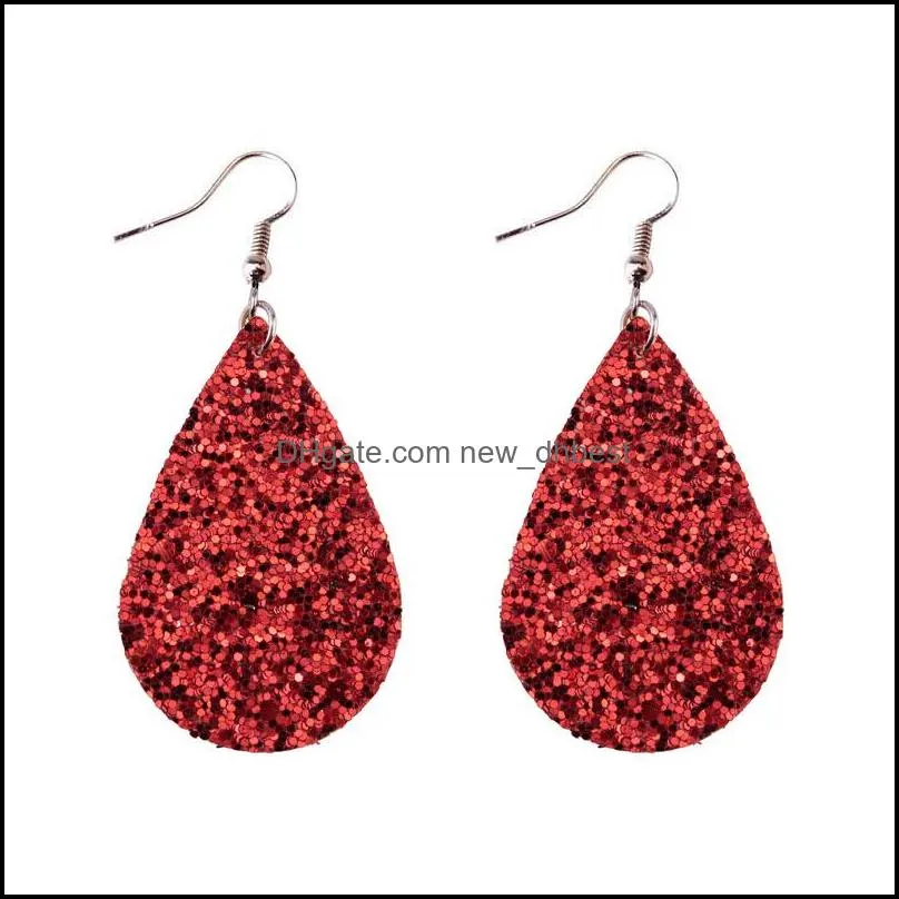  18 colors classic glitter teardrop pu leather earrings for women personalized jewelry big long statement earrings wholesale