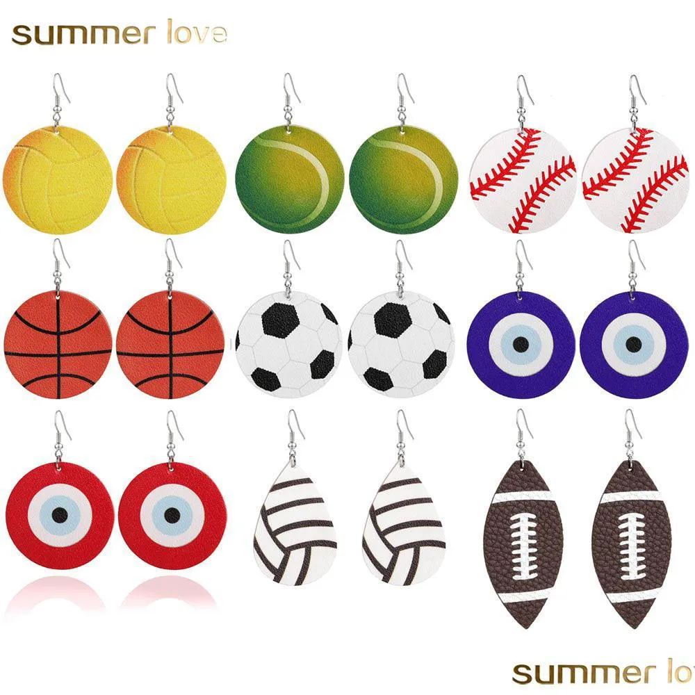  fashion football baseball sports round pu leather earring teardrop printing dangle earring for independence day women jewelry