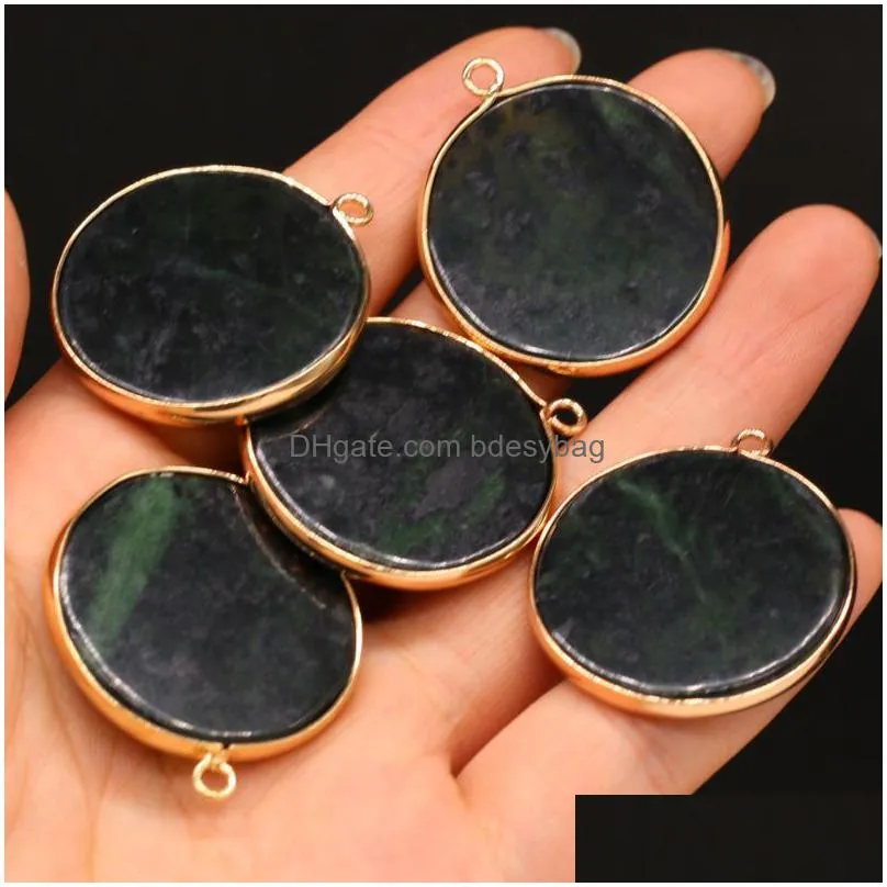 charms round pendants natural green eye stone gilt edge for jewelry making diy necklace earrings accessories 30x35mm