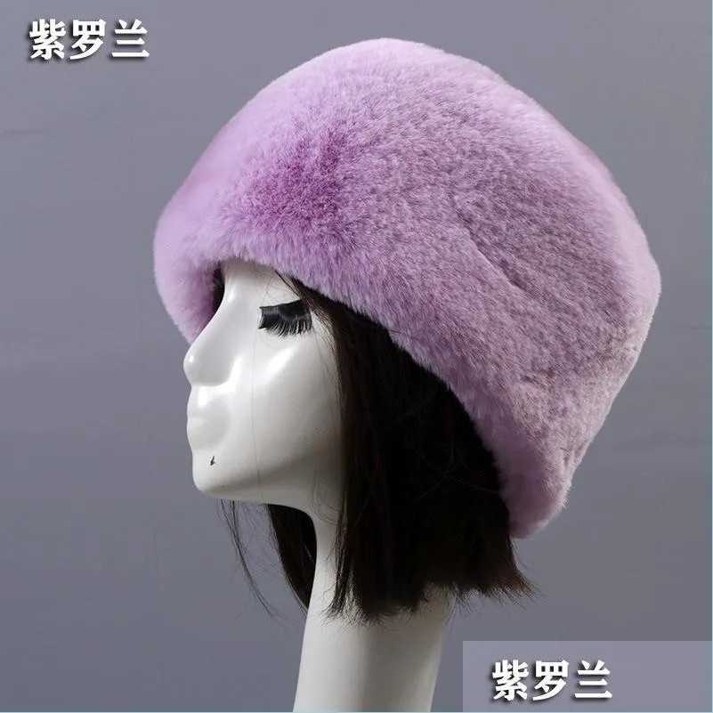 dark green flat roof fluffy snow year winter plush thick fur hat faux fox furry cap head warmer outdoor hats women girl men 1942