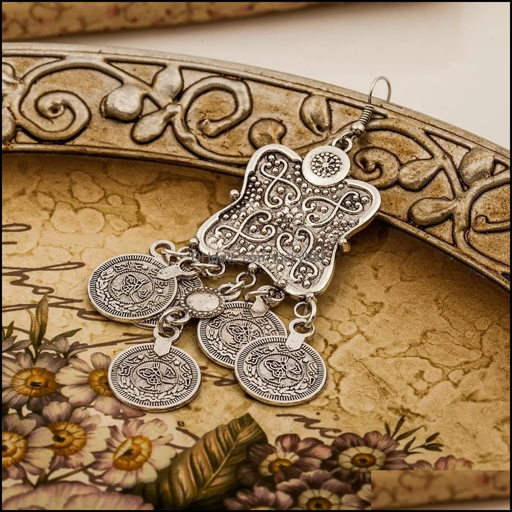 carving flower coin statement dangle ancient antique silver ethnic bohemian gypsy india style jewelry