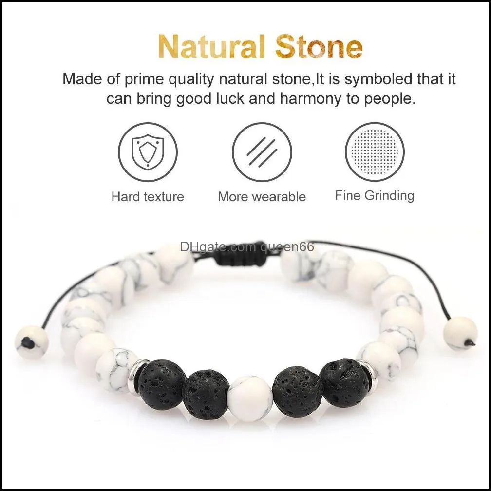 8mm handmade white agate black natural lava rock stone beads chakra bracelets for men women fashion elastic healing yoga bracelet