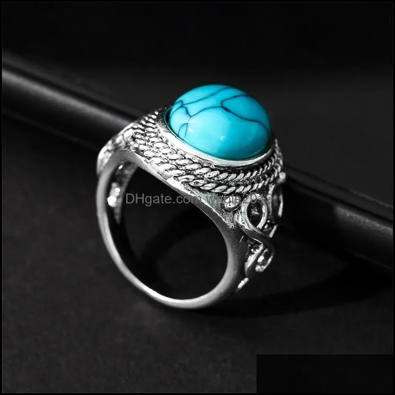 natural stone band blue turquoises finger rings vintage antique fashion jewelry for women 425c3