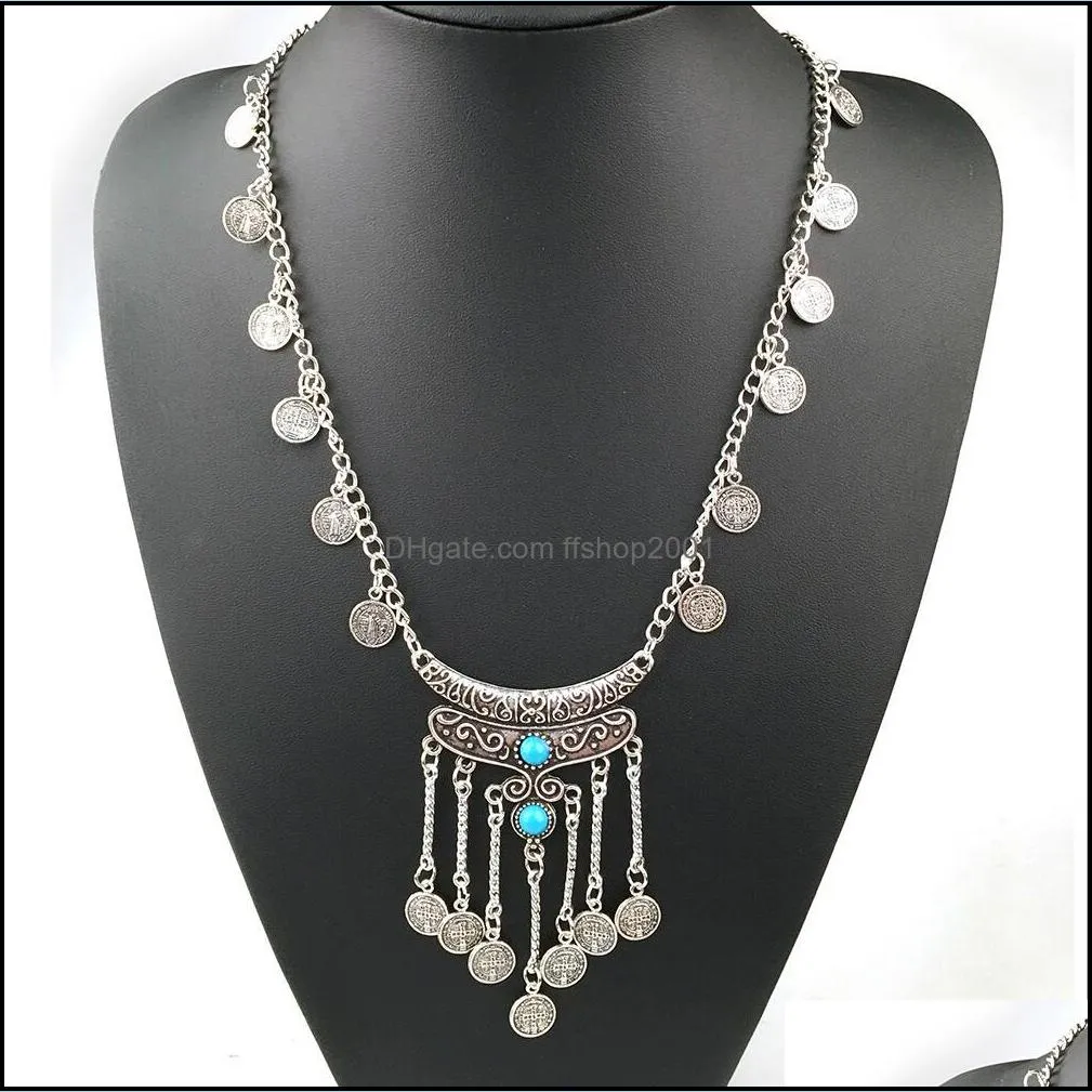 coin necklace pendant exaggerated long indian bohemian turquoise statement necklace collares tassel necklace