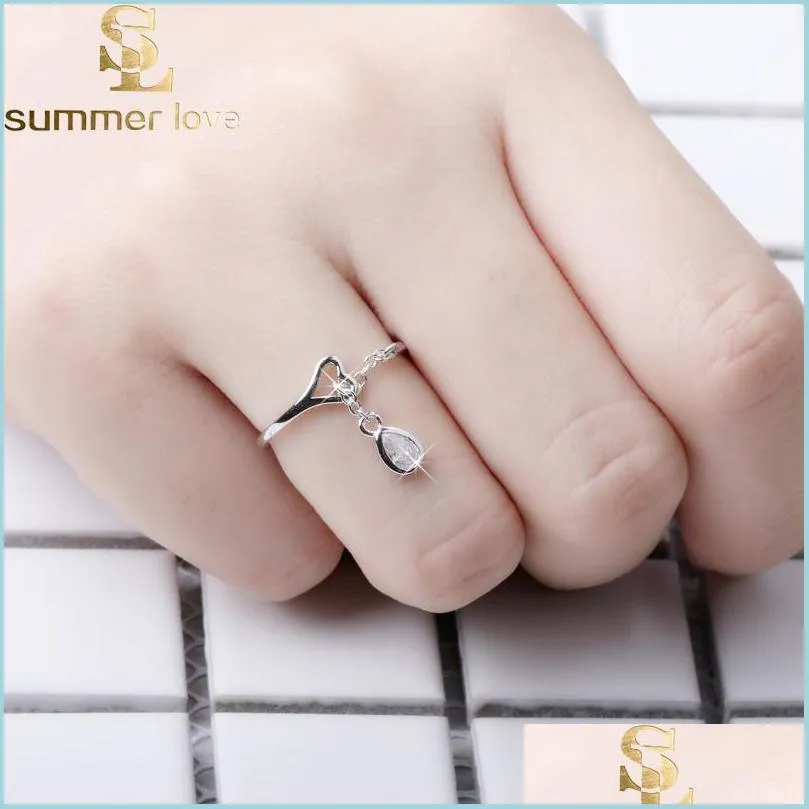 adjustable cute heart shape crystal rings for women girl silver color waterdrop engagement rings fashion jewelry gift