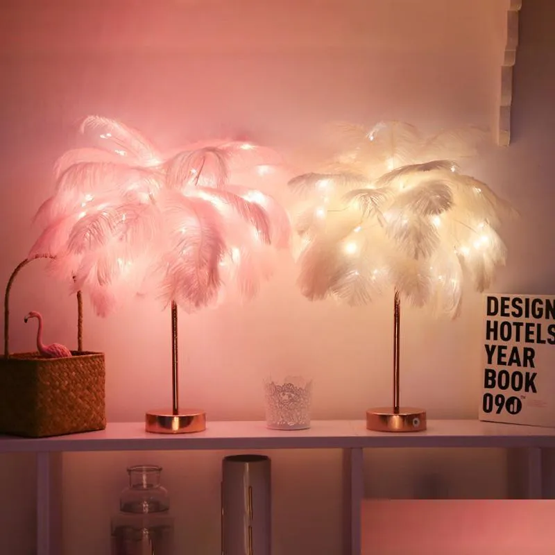 creative feather table lamp warm white light tree feather lampshade girl led wedding decorative lights pink white birthday gift