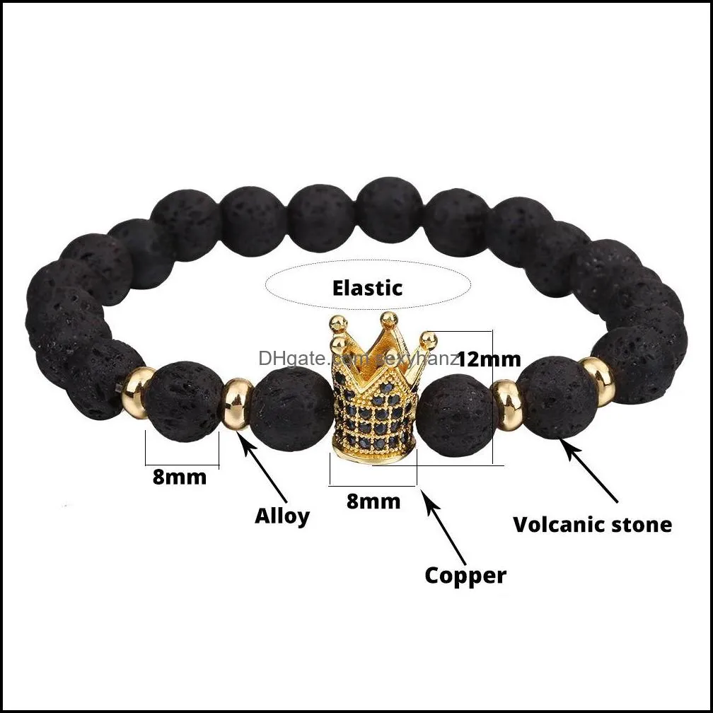 8mm lava stone beads bracelet for women men copper crown zircon inlayed healing bracelet elastic fashion jewelry gift