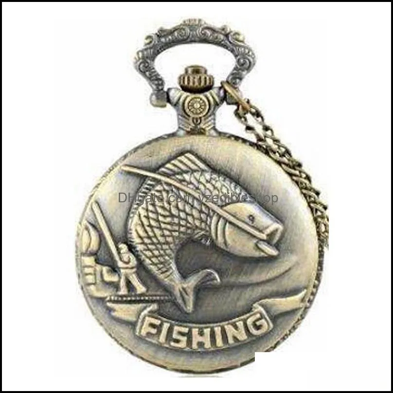 classic vintage bronze fishing quartz pocket watch retro men women necklace pendant jewelry gifts fashion pocket 872 q2