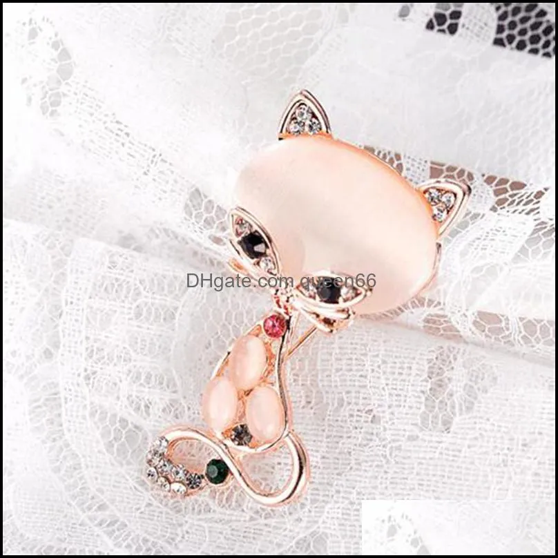 opal stone fox brooch pin for women men suit shirt collar rhinestone cute animal brooches elegant jewelry gift wholesale