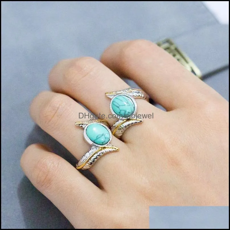 retro silver feather turquoise ring europe and america fashion engagement rings for women wedding bridal jewelry gift wholesale