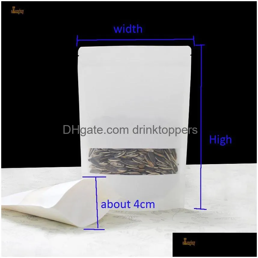 100pcs/lot 7sizes white kraft paper packaging bag frosted windows stand up zipper packing bags zip lock retailer package