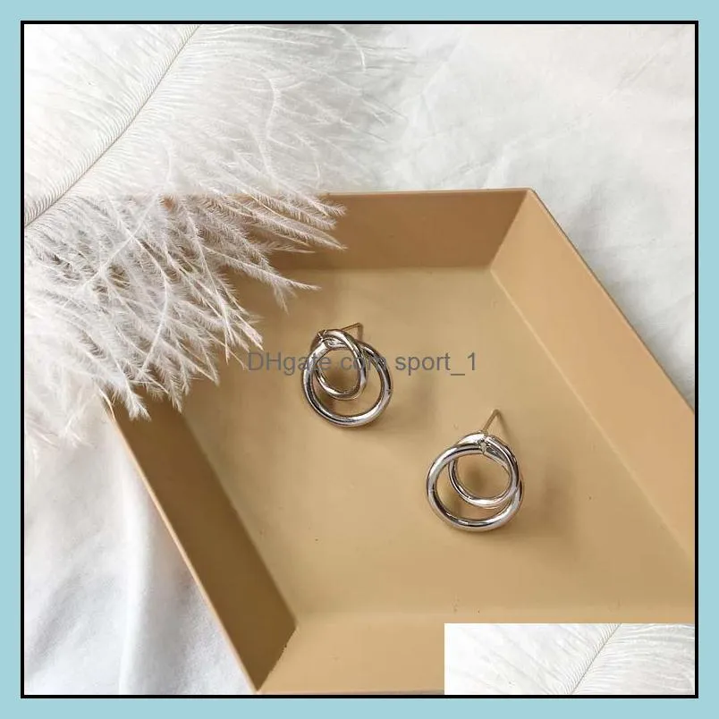 geometric double round stud earring for women trendy hoop gold sliver plating alloy drop earring jewelry gift