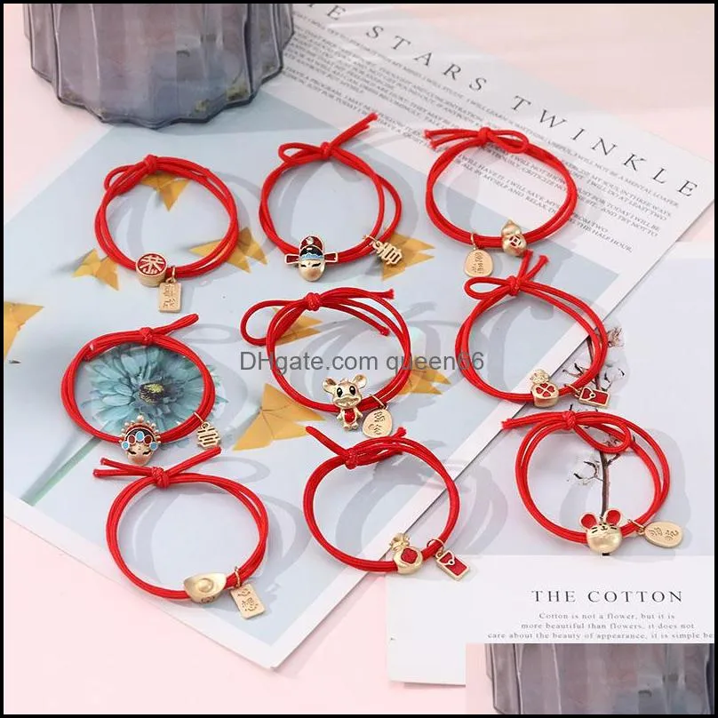 chinese style women girls cute hair rubber bands ponytail holder rope lucky red charm bracelet hair accessories elastic
