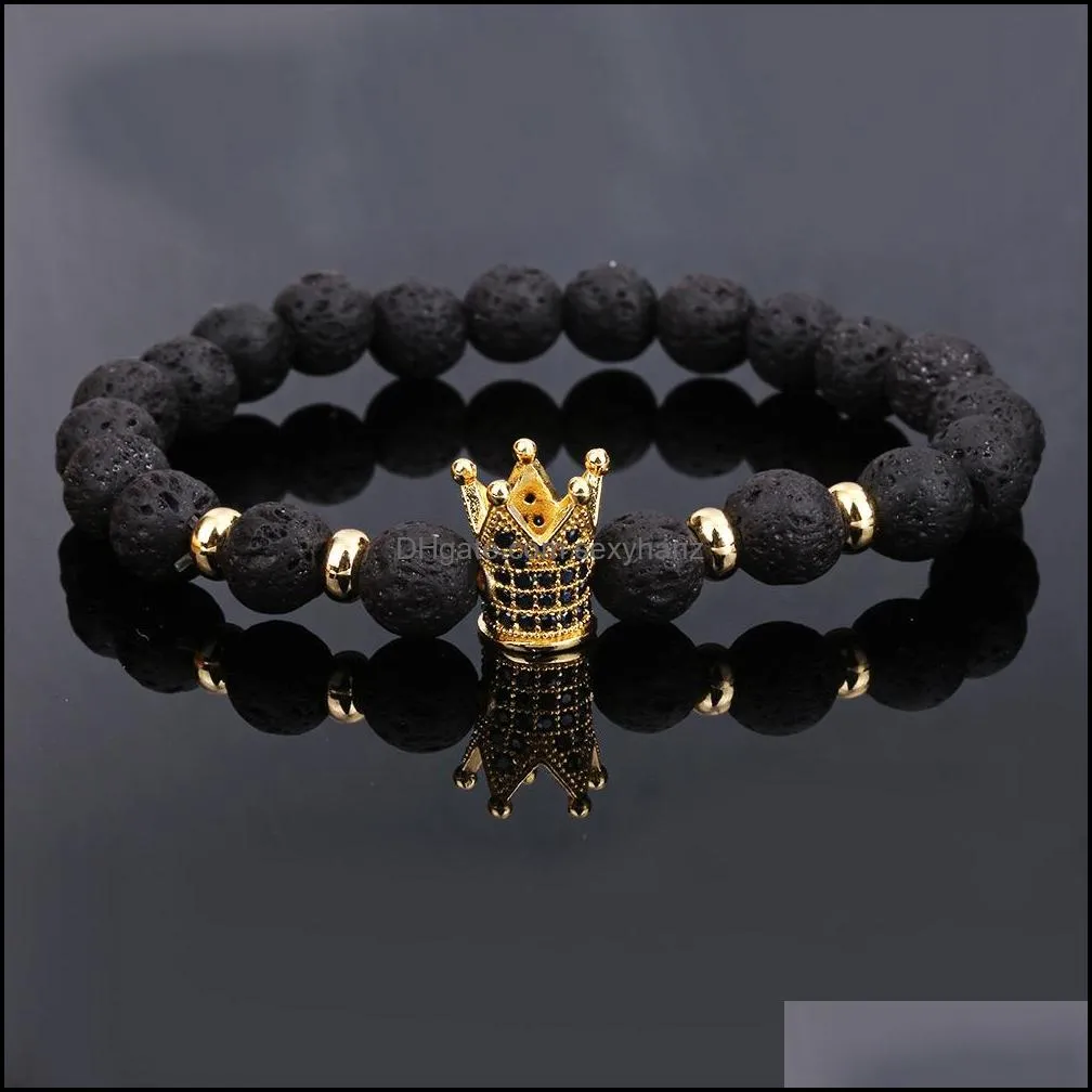 8mm lava stone beads bracelet for women men copper crown zircon inlayed healing bracelet elastic fashion jewelry gift