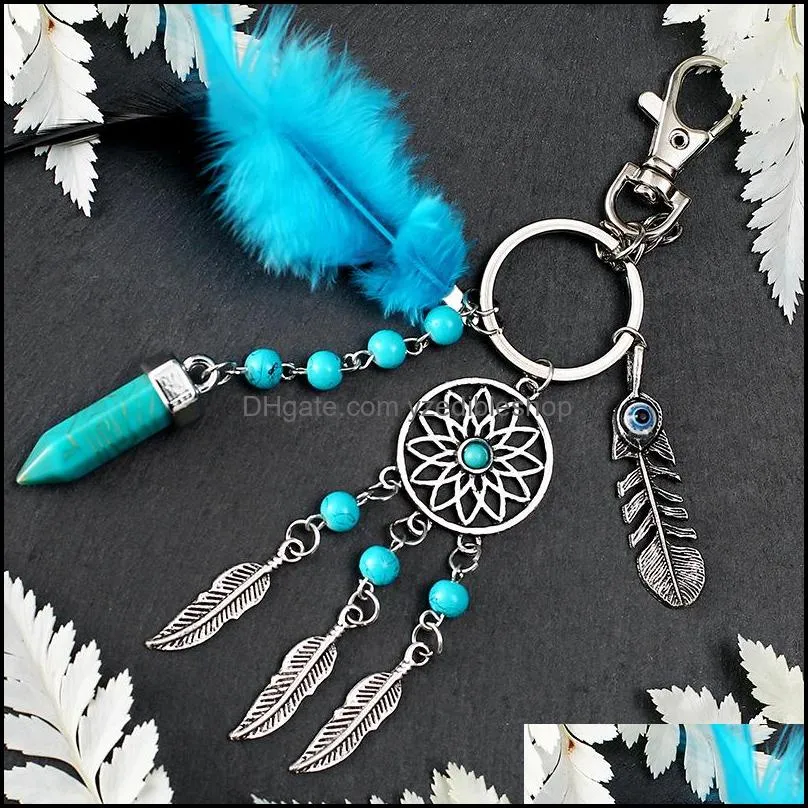 dream catcher keychains blue feather tassel hamsa hand evil eye keyring for wall car hanging decor amulet boho jewelry 599 q2