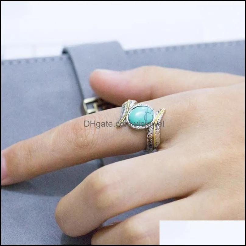 retro silver feather turquoise ring europe and america fashion engagement rings for women wedding bridal jewelry gift wholesale