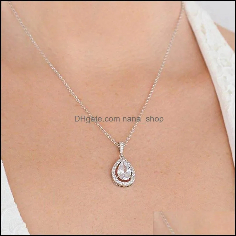 teardrop 3a cubic zirconia pendant necklace jewelry for women elegant cz micro pave 925 silver bride bridesmaid wedding jewerly