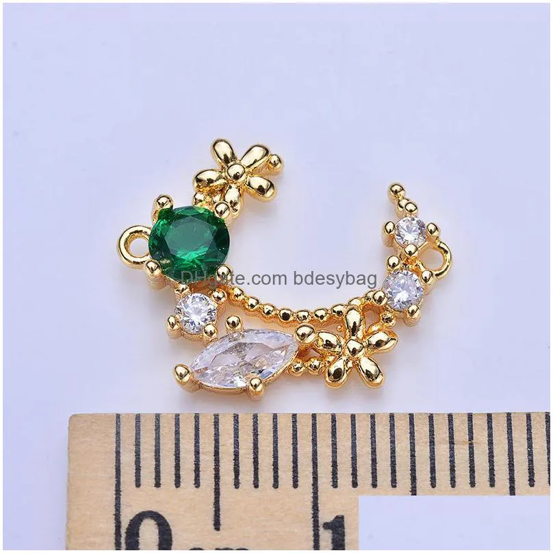 15pcs 18mm brass with colorful zircon 1 hole 24k gold color plated moon charms pendants jewelry findings