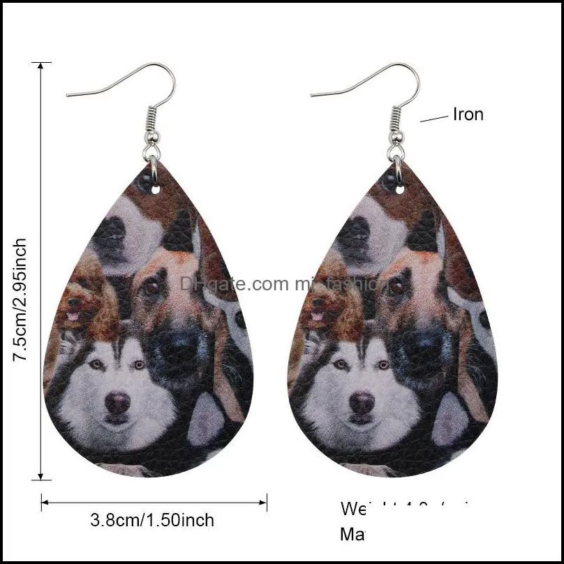 design animal printed leather earring for women girls boho cat dog printed dangle drop earrings oval waterdrop ear creative party