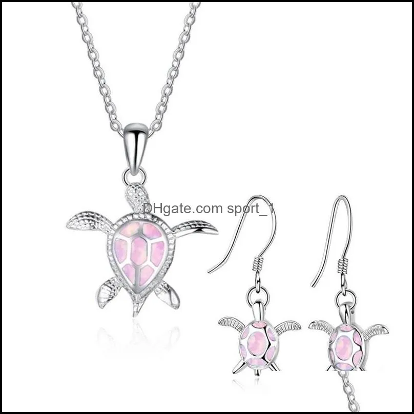 cute sea turtle necklace earrings jewelry set trendy animal fire opal stud earring for girl women gift 437 h1