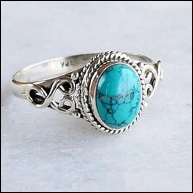 natural stone band blue turquoises finger rings vintage antique fashion jewelry for women 425c3