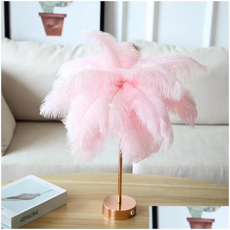 creative feather table lamp warm white light tree feather lampshade girl led wedding decorative lights pink white birthday gift