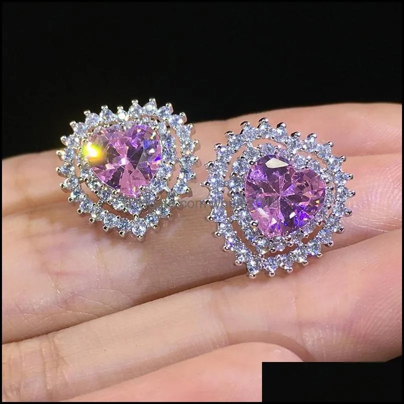 silver color cubic zirconia cz crystal earrings pink heart for women girls gift wedding jewelry wholesale