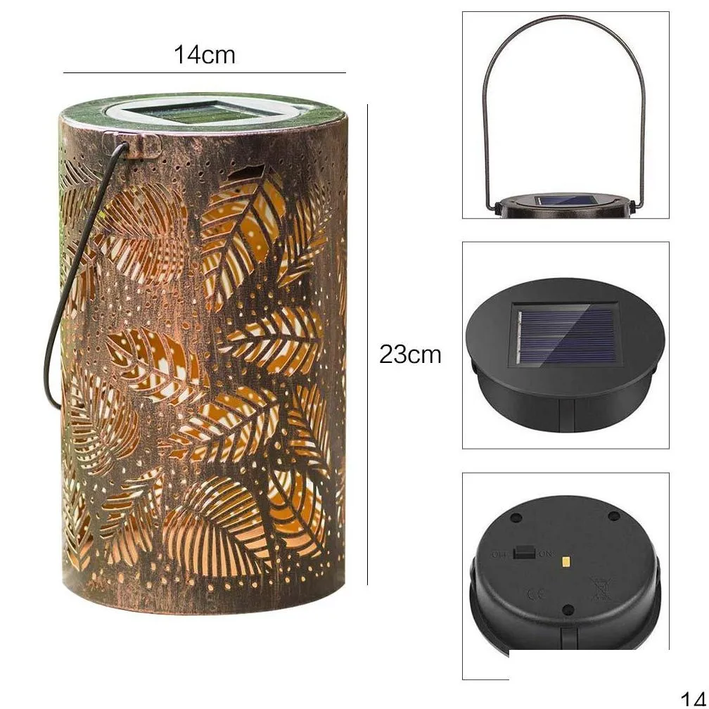 led solar outdoor garden courtyard lawn lamp iron leaf hollow pattern hanging lantern for outdoor terrace table garden 10160