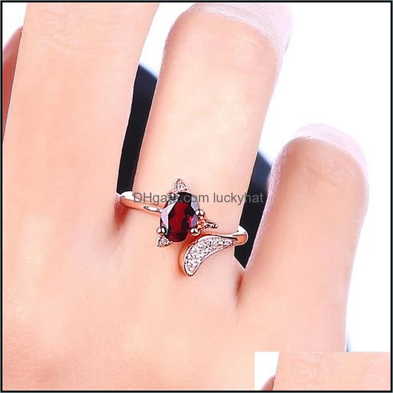 rose gold rings garnet red stone fox rings adjustable animal finger ring for women jewelry