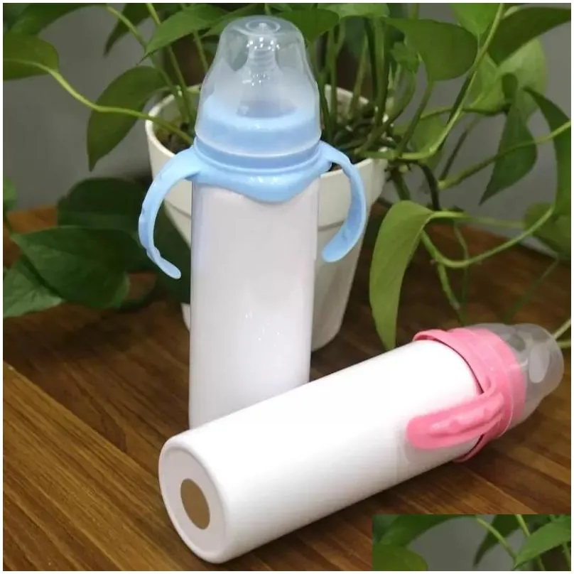 8oz blank sublimation baby feeding sippy bottle pink blue double wall vacuum nipple handle unbreakable water bottles dhs fy5153