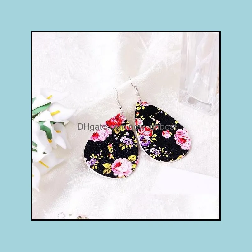 genuine leather waterdrop print floral hook dangle earing for women unique design 6 color drop fashion statement earrings