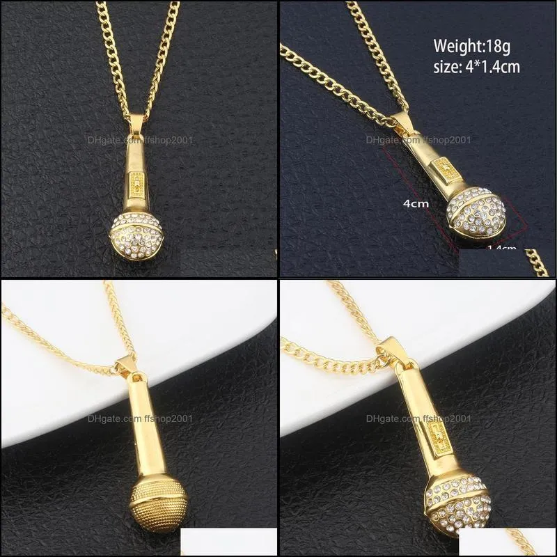 bling bling hip hop jewelry ice out music stereoscopic microphone pendants necklaces plated gold chain necklace