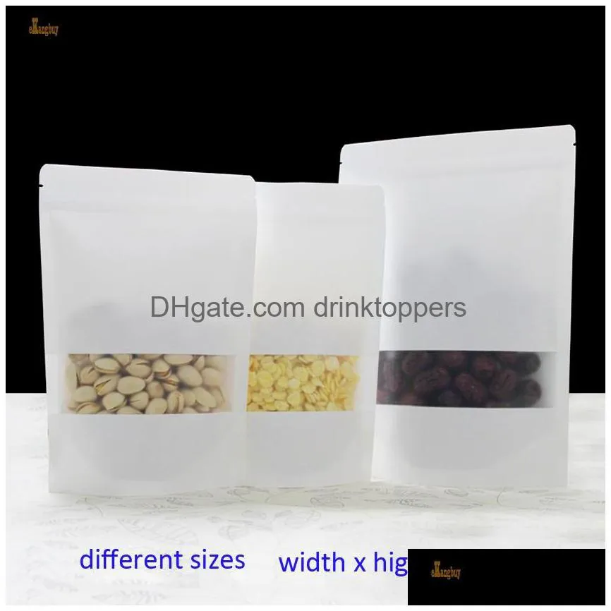 100pcs/lot 7sizes white kraft paper packaging bag frosted windows stand up zipper packing bags zip lock retailer package