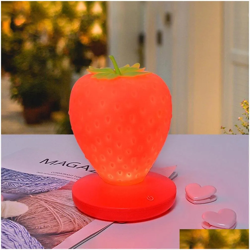 brelong led night light creative strawberry usb charging bedside decorative eye table lamp white / pink / red
