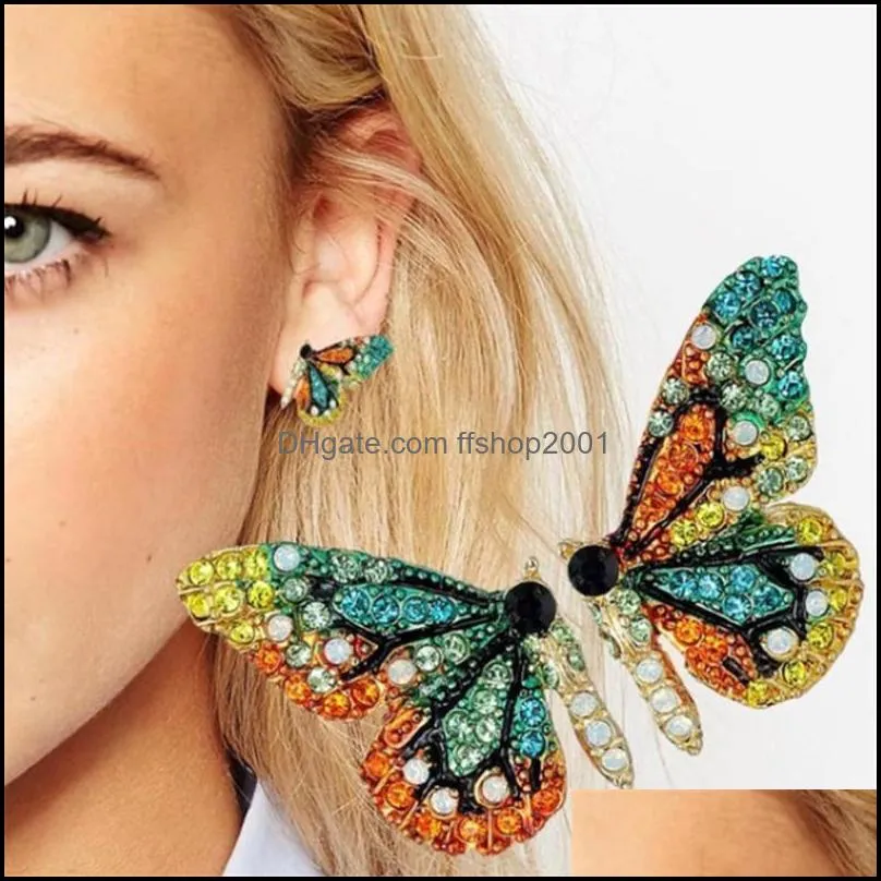rhinestone butterfly stud earrings rainbow crystal insect birthday gift out full rhinestone jewelry