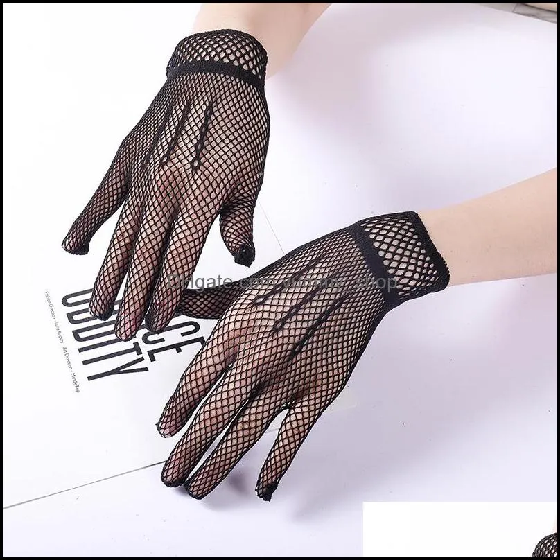 mesh fishnet female five finger short lace gloves thin dance retro party sexy black white gloves 20220224 t2